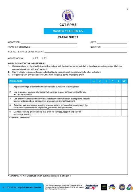 Appendix 3d Cot Rpms Rating Sheet For Mt I Iv For Sy 2021 2022 In The