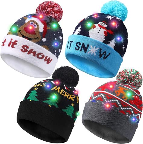 4 Pieces Led Christmas Knitted Hat Light Up Beanie Cap Unisex Novelty
