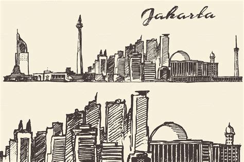 Jakarta Skyline Indonesia Illustrations On Creative Market