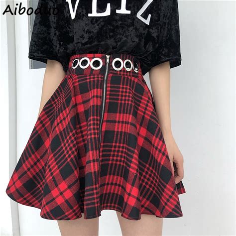 Summer Vintage Red And Black Plaid Skirt Mini Short A Line Pleated