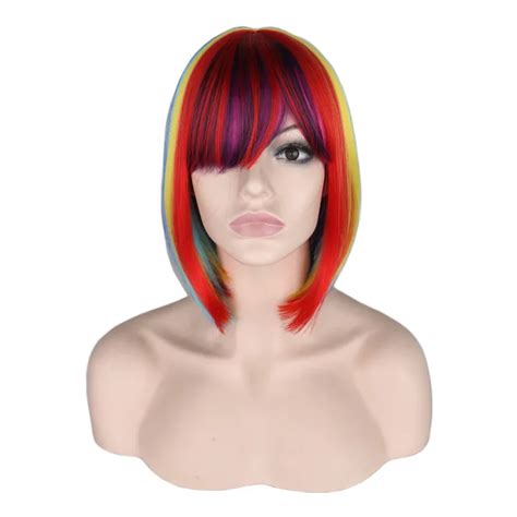 Qqxcaiw Women Short Straight Rainbow Bob Cosplay Wigs With Bangs Party Heat Resistant Synthetic