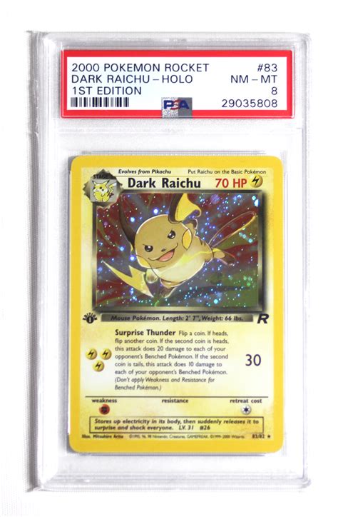 The collection is composed of trading cards, stickers 2000 POKEMON 1ST ED. ROCKET- 83- DARK RAICHU- HOLO- PSA 8 CARD - Pokefeens
