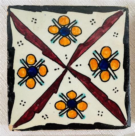 Ceramic Handpainted Moroccan Coaster Or Tile Set Of 4 For Sale At
