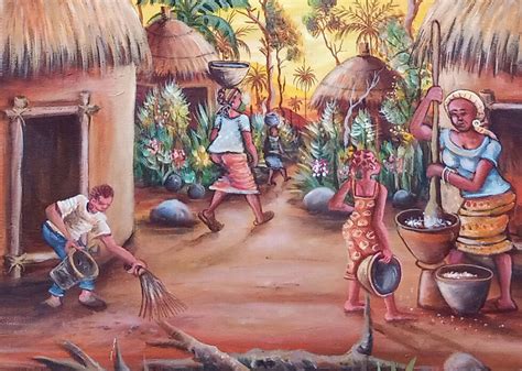 In The Village Art Cameroon African Paintings