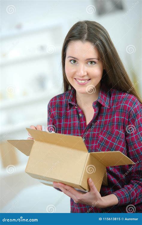 Girl Holding Open Cardboard Box Stock Image Image Of Cardboard Kind