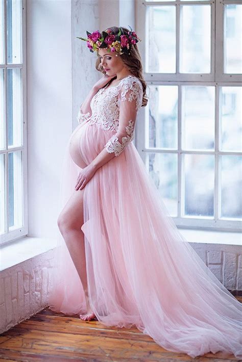 Romantic Sleeves Pink Long Pregnant Prom Dress In Maternity