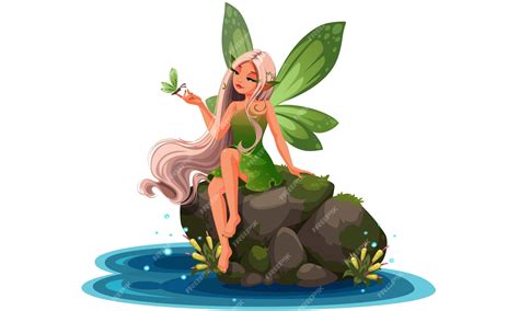 Premium Vector Beautiful Nature Fairy Sitting On A River Stone