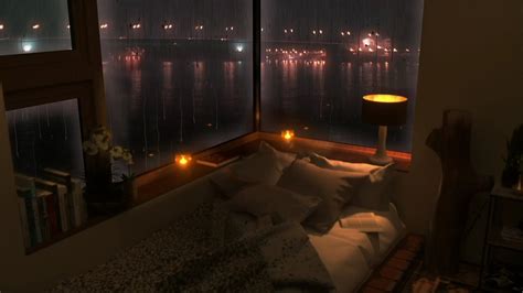 Cozy Bedroom With A Rainy Night View Of The City 10 Hours