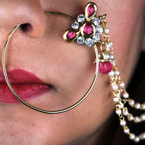 Abhinn Beautiful Designer Gold Plated Large Hoop Floral Pearl Nose Ring With Red Cz Crystal
