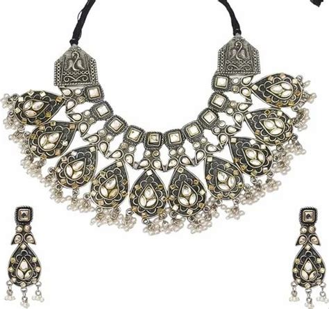 Oxidized Kundan Afghani Traditional Silver Necklace Set For Women And