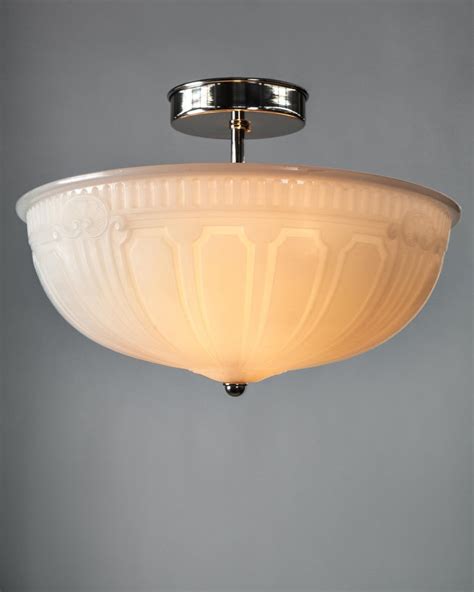 Art Deco Opaline Glass And Nickel Semi Flush Mount Ceiling Light Circa