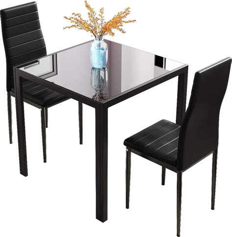 Beliwin Glass Dining Set Table Square And 2 Chairs High Back Soft