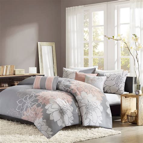 Grey And Blush Pink Reversible Cotton Duvet Cover Bedding Set And Decorative Pillows Lola Grey