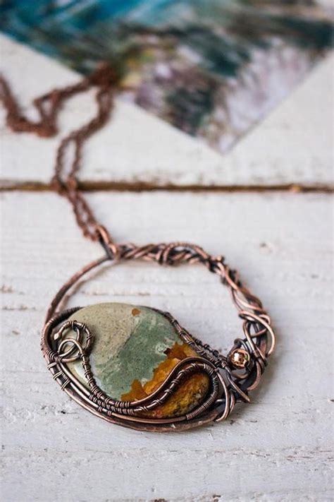 Jasper Necklace Bohemian Necklace Wire Stone Pendant Wire Wrap Copper