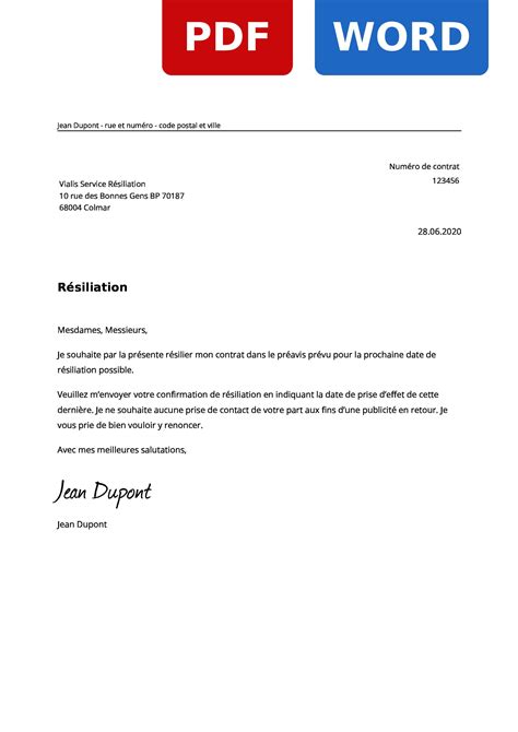 Modèle de lettre et d'email pour notifier l'assureur de la résiliation du contrat au motif de la loi châtel : Résilier Vialis : Lettre de résiliation gratuit