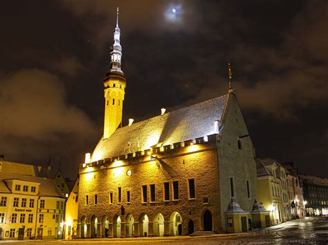 Night Photo Tallinn Town Hall Taken In The Capital Of Estonia