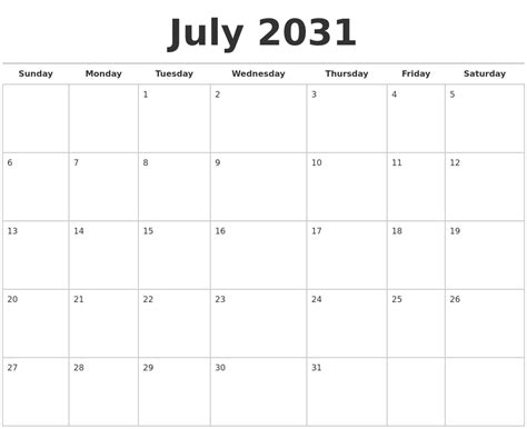 July 2031 Calendars Free
