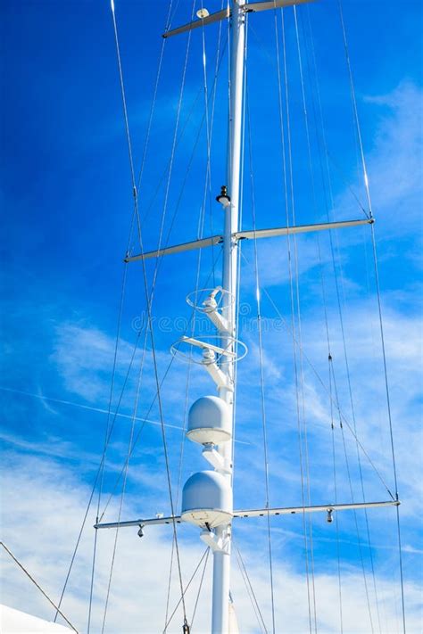 Detailed Closeup Of Mast Rigging Top On Sail Boat Stock Photo Image