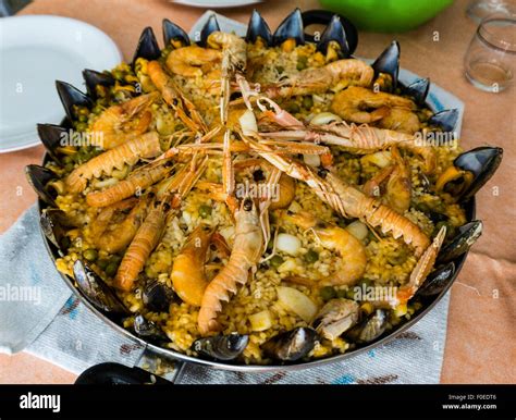 The Paella Spanish Typical Dish Rice With Seafood Stock Photo Alamy