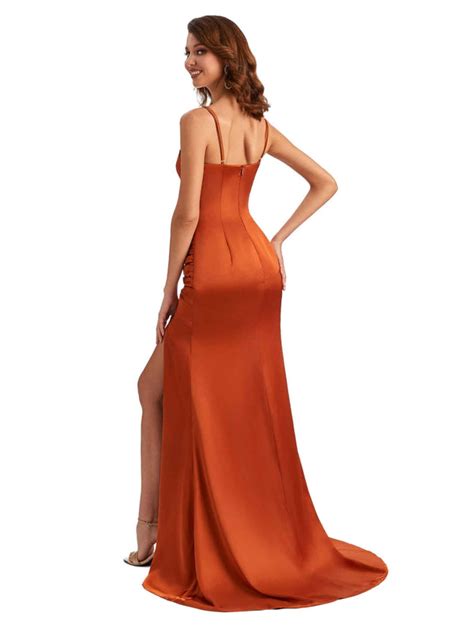 sexy spaghetti straps side slit mermaid silky satin long maxi dress for wedding chicsew