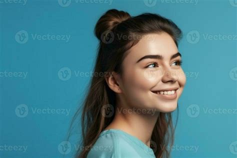 Profile Side View Portrait Of Attractive Cheerful Girl Demonstrating