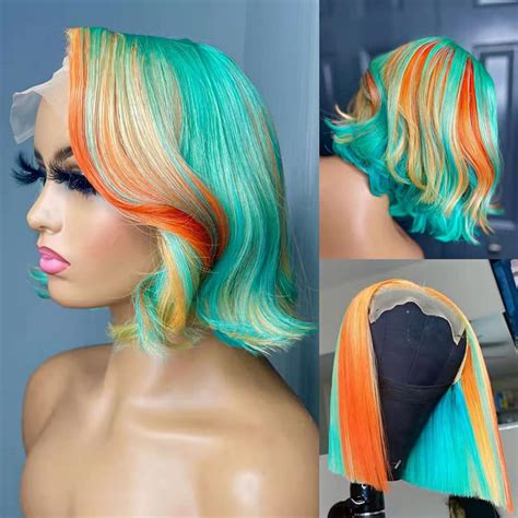 Anlimer Brazilian Remy Short Bob Human Hair Wig Ombre Mint Green Lace Front Wig
