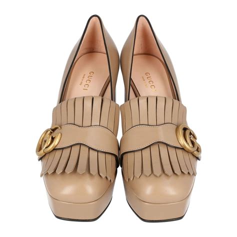 Gucci Beige Leather Gg Marmont Fringe Platform Loafer Pumps Size 37