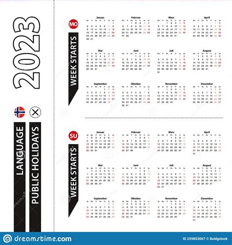 Two Versions Of 2023 Calendar In Norwegian Week Starts From Monday And