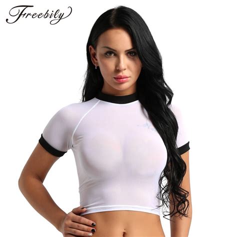 Sexy Women See Through Mesh Crop Top T Shirt Ice Silk Transparent T