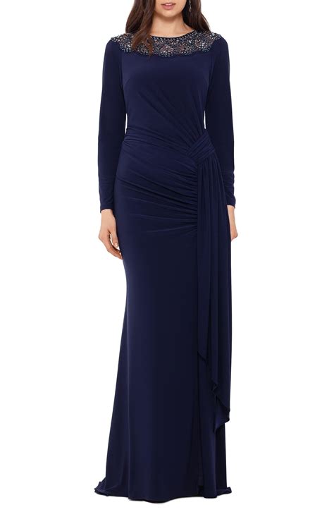 Xscape Beaded Neck Long Sleeve Ruched Jersey Gown In Navy Blue Lyst