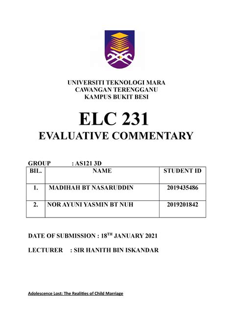 Elc Evaluative Commentary Universiti Teknologi Mara Cawangan