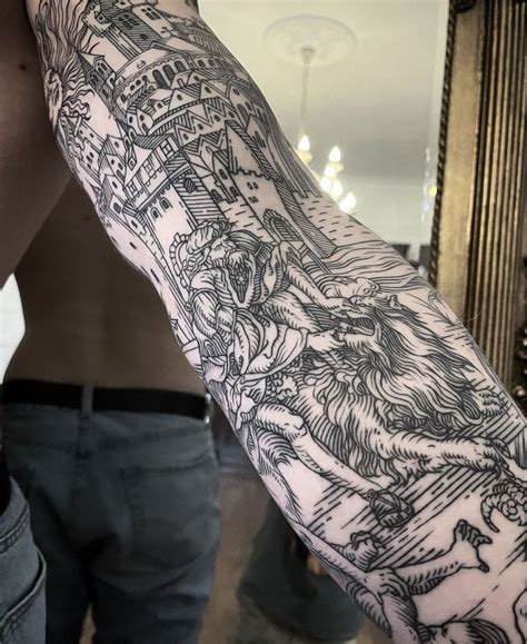 Tattoo Uploaded By North • An Incredible Sleeve In Engraving Etching