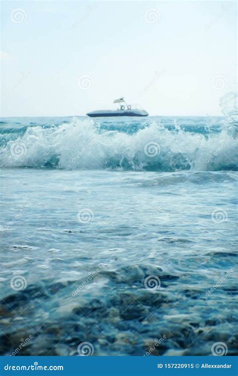 Beach View Motor Boat Floating On Clear Turquoise Water Summer Concept