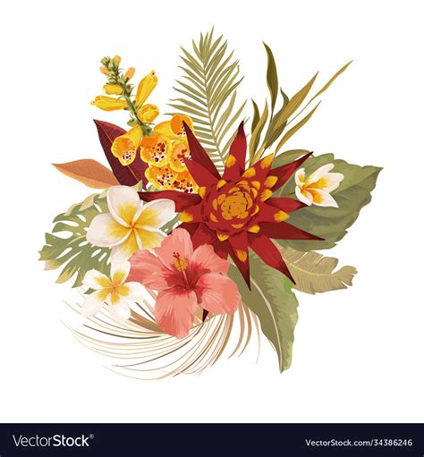 tropical flowers wedding bouquet tropic leaves vector image