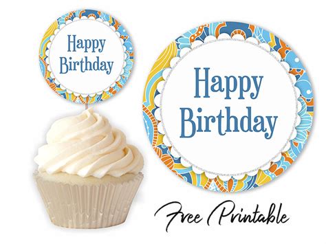 Retro Design Happy Birthday Printable Cupcake Topper