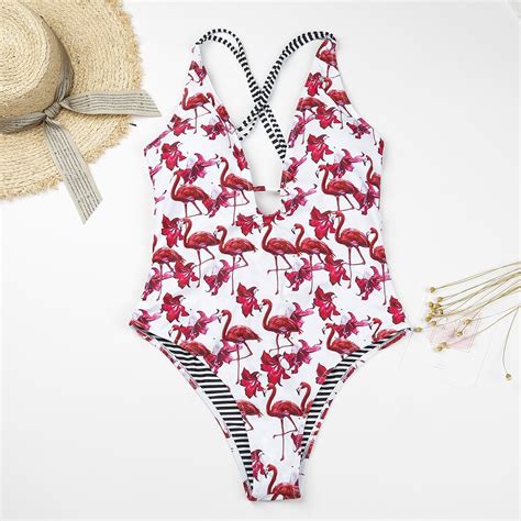 2018 Girl Sexy Swimsuit Flamingo Print One Piece Swimsuit Women Deep V