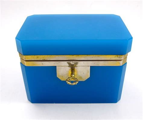 Antique French Blue Opaline Glass Casket Box In Sold Opaline Casket