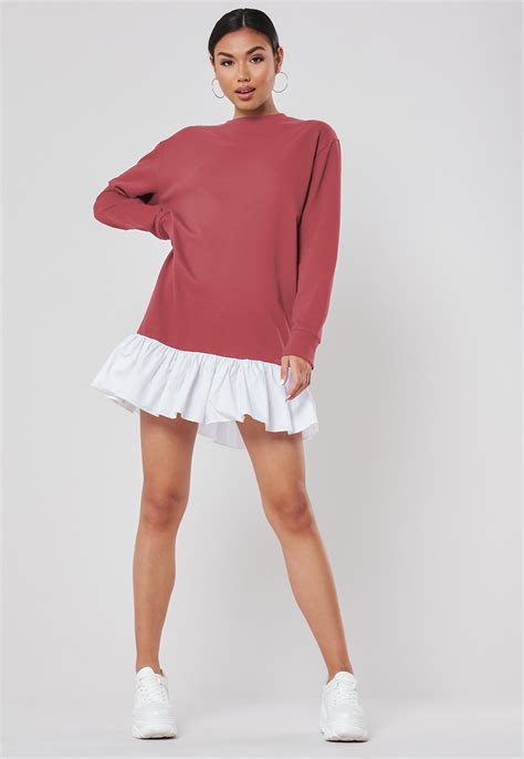Dusky Pink Poplin Frill Hem Sweater Dress Missguided
