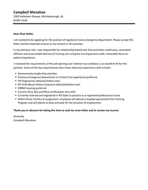 Registered Nurse Emergency Department Cover Letter Velvet Jobs
