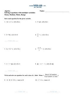 Elementary algebra skill solving linear equations. Worksheet: Equations - Solve Equations for a Given ...
