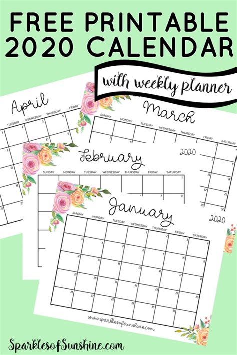 Free Printable 2020 Calendar With Weekly Planner Sparkles Of Sunshine