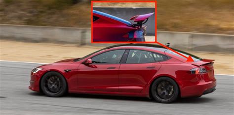 tesla model s plaid prototype with insane retractable spoiler spotted on race track tesla