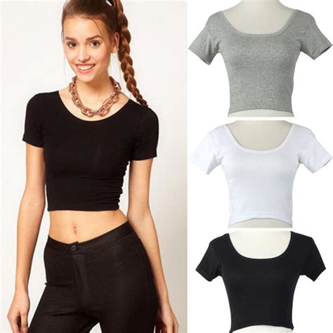 Women Slim Soft Elastic Solid Crop Tops Short Sleeve Blouse Shirt Basic