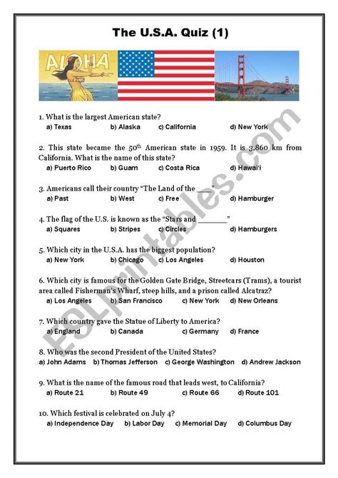 Usa Quiz 1 Esl Worksheet By Oligol