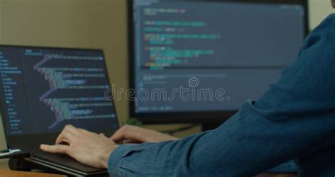 Closeup Coding On Screen Man Hands Coding Html And Programming On