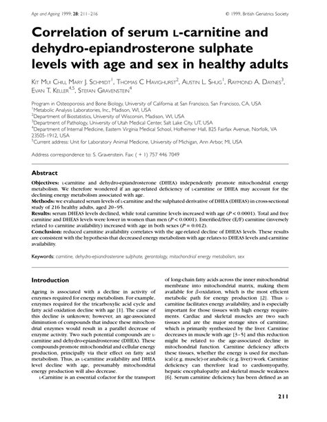 Pdf Correlation Of Serum L Carnitine And Dehydro Epiandrosterone Sulphate Levels With Age And