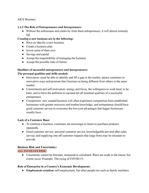 Chapter One - Enteprise - AICE Business 1.1 The Role of Entrepreneurs
