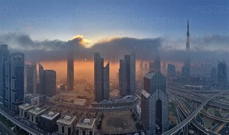 Cityscape With Illuminated Skyscrapers In Dubai United Arab Emirates