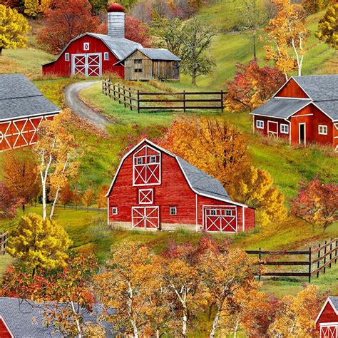 Autumn Barns 24 Inch Panel Timeless Treasures Multi Red Barns Etsy