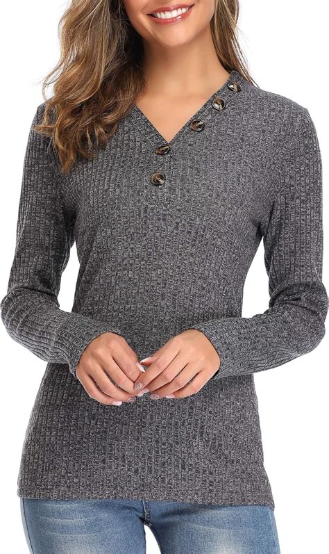 Womens Long Sleeve Waffle Knit Henley Shirt Casual V Neck Stretchy